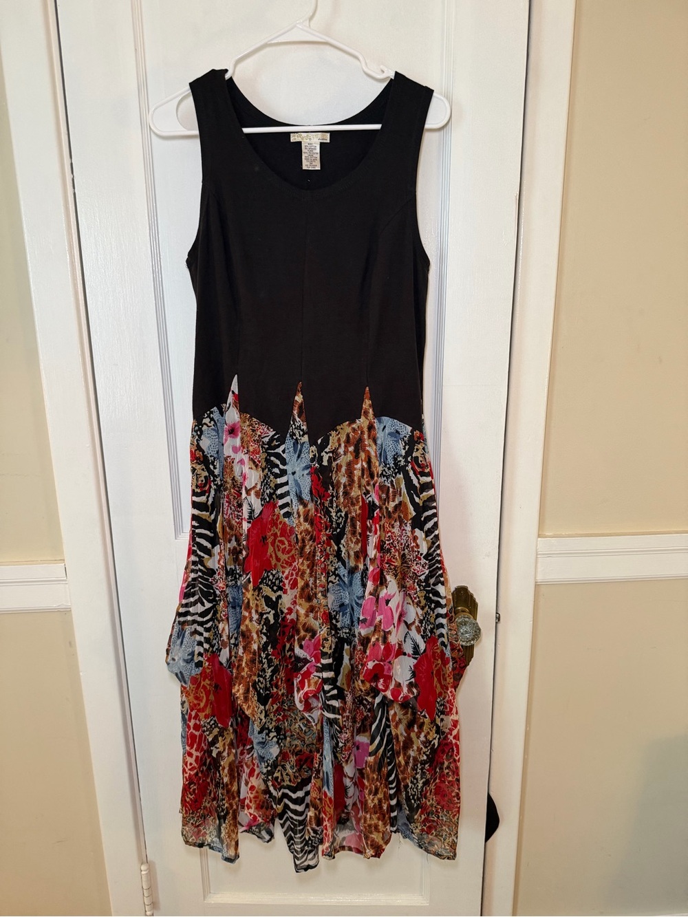 Vasna Desire Sleeveless Black Bodice Multi-Print A-Line Dress